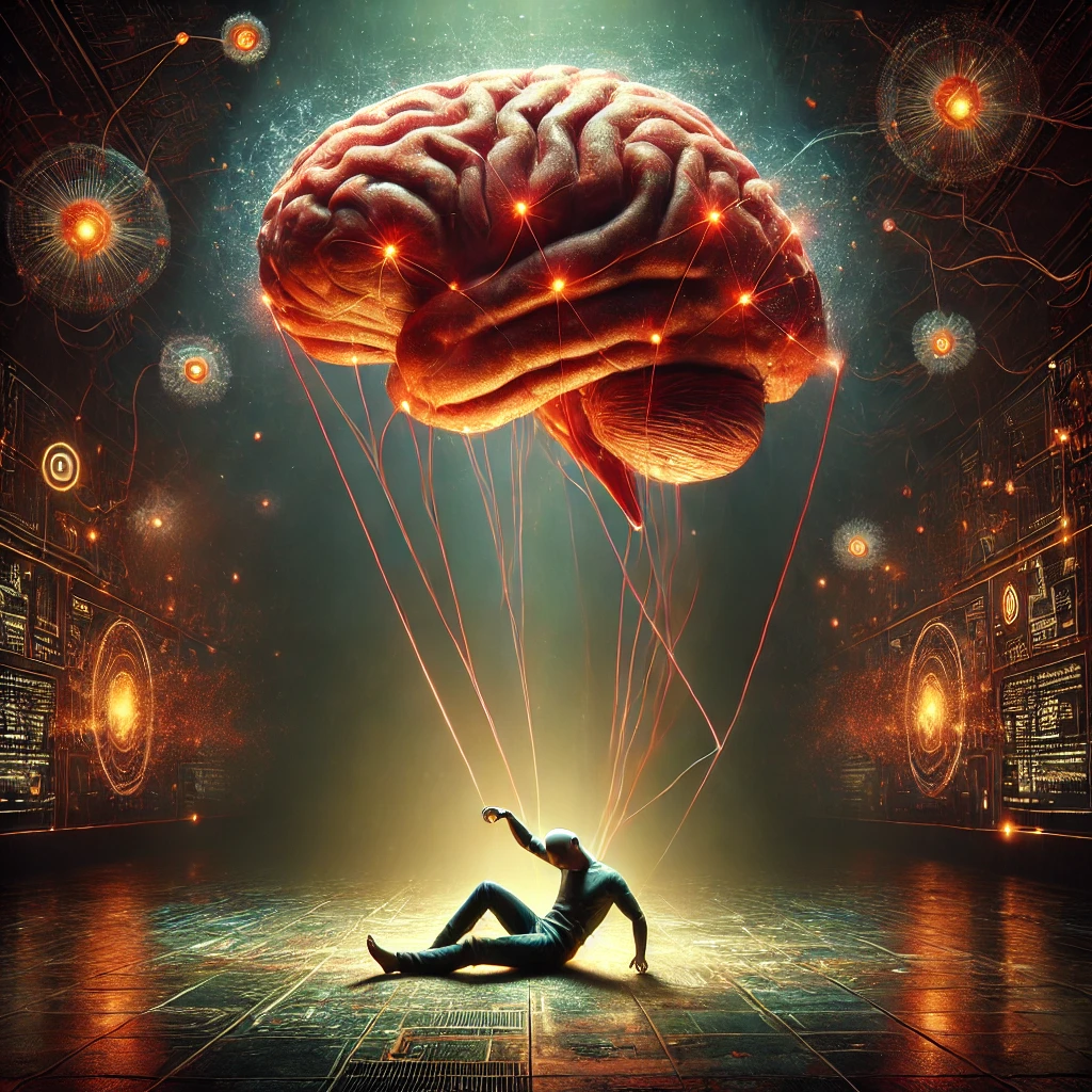 DALL·E 2024-12-02 20.52.50 - A surreal digital painting of a giant brain controlling a person like a puppet. The brain is floating above, connected to the person by glowing neural